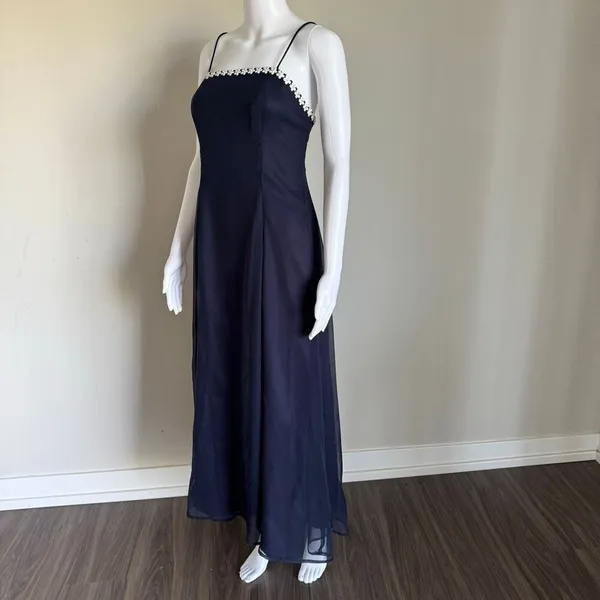 VTG 90’s Chiffon Layered Maxi Dress With Silver Flower Beaded Trim Prom Navy - Image 3