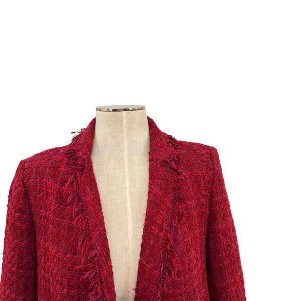 Zara Tweed Blazer Jacket‎ Coat Gold Buttons Frayed Hem Red Size Small - Image 4