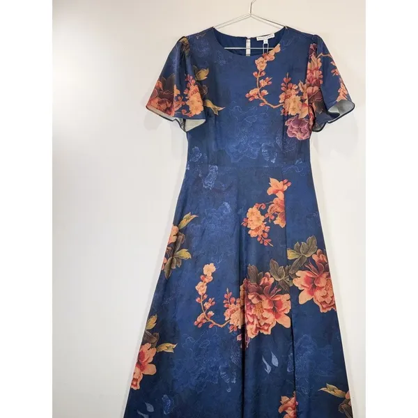 NWT Baltic Born Maxi Dress Blue Colina Satin Floral Flutter Side Slit Medium - Image 5
