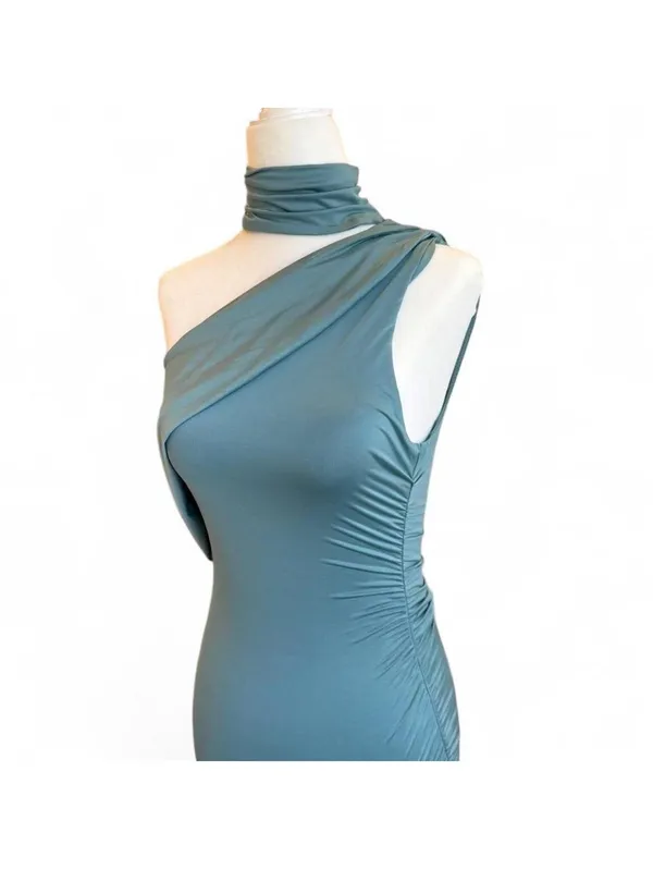 Oh Polly Sea Green One Shoulder Ruched Midi Dress | High Neck | US 2 - Image 5