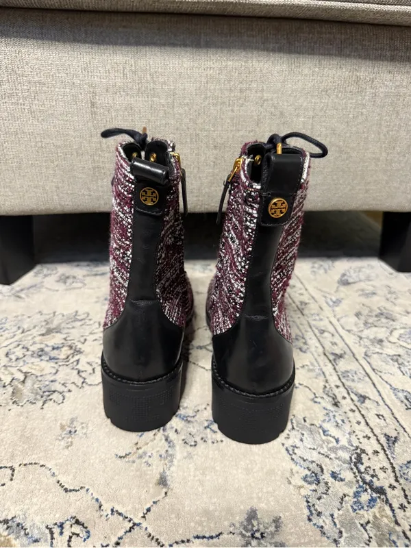 Tory Burch Combat Lug Sole Tweed Leather Boots - Image 4