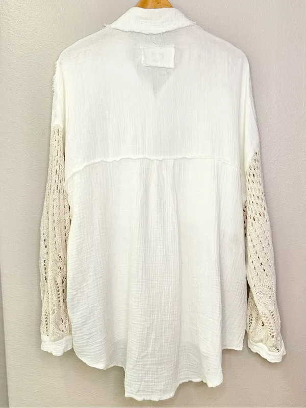 POL Openwork Crochet Lantern Sleeve Cotton Gauze Oversized Button Shirt Jacket - Image 9