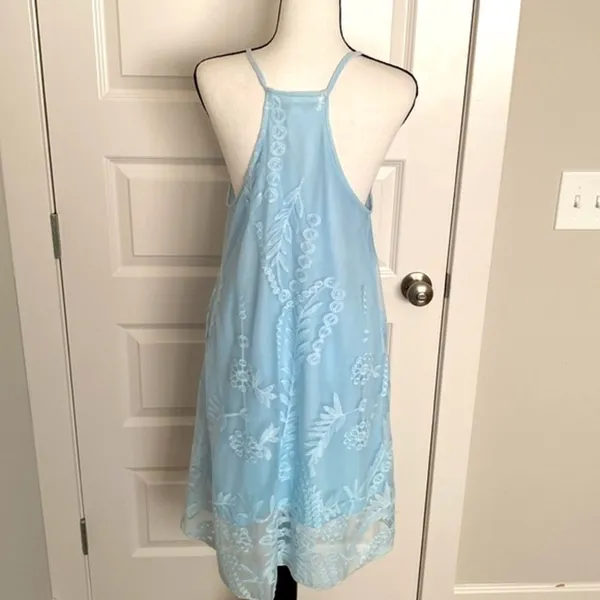 Miami| Sky blue baby doll dress w/ lace overlay. Spaghetti straps w/ razorback - Image 6