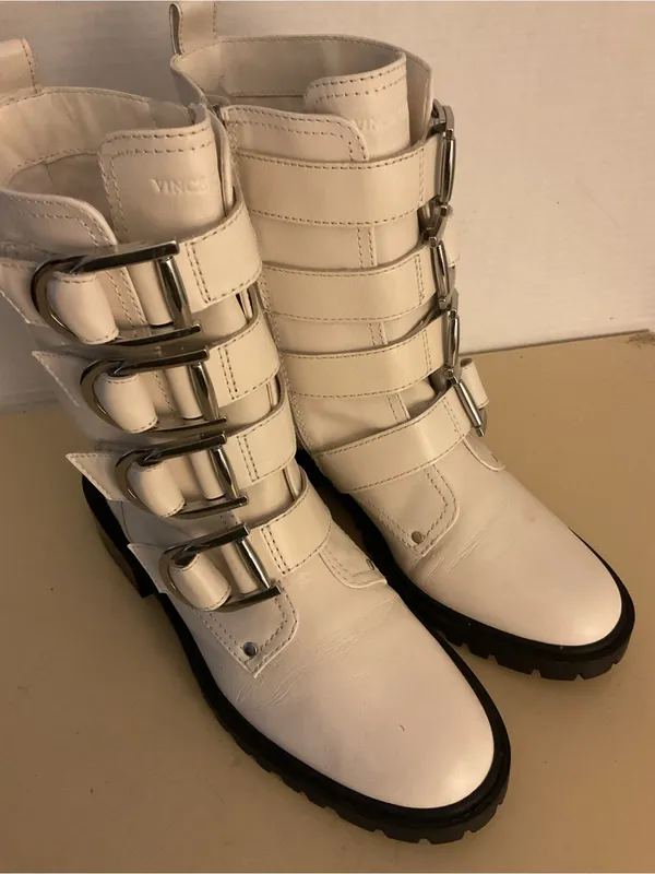 Vince Camuto women White Leather Buckle Strap Combat Boots US 7 - Image 2
