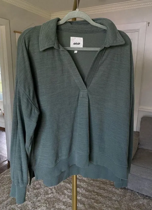 Aerie Oversized Green Polo Pullover Sweatshirt V Neck Collared Preppy Lounge M - Image 2