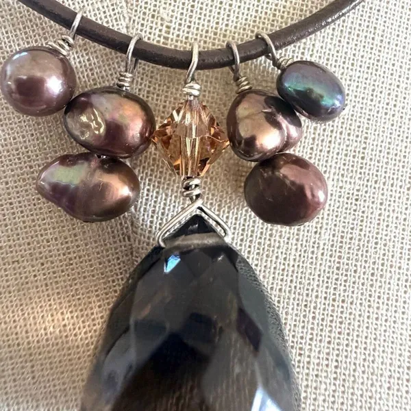 Handcrafted Sterling Silver Smoky Quartz & Peacock Pearl Leather Cord Necklace - Image 3