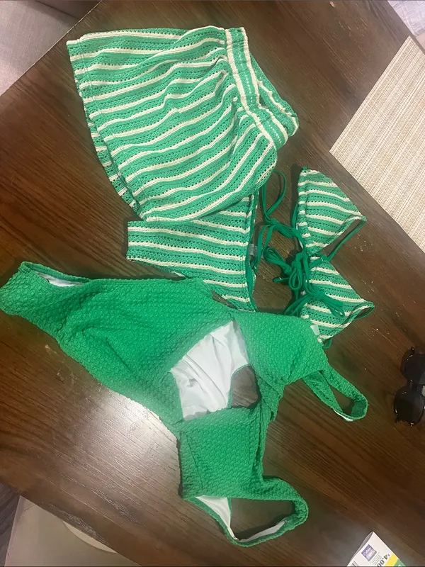 SHEIN Green Textured One-Piece & Striped Bikini Set - Image 3