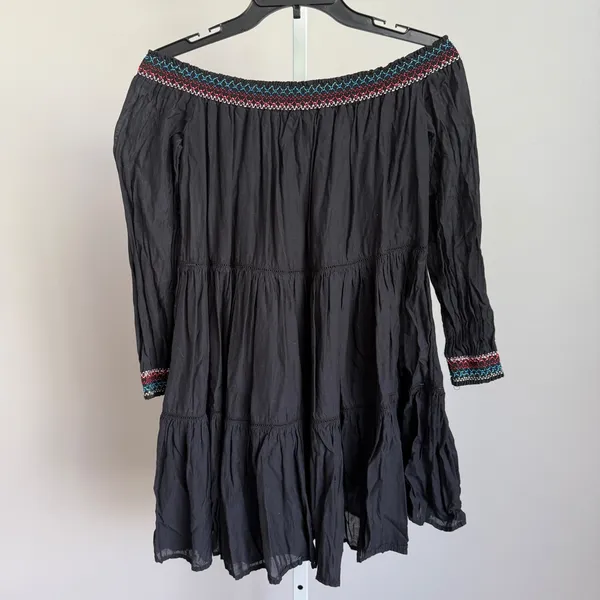 Free People Embroidered‎ Off Shoulder Fairy Dress Black Boho Peasant XS - Image 6