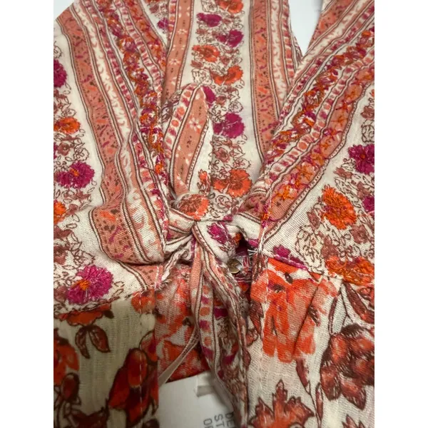 Free People Floral Halter Top S Orange Pink Ruffle Tie Front Boho NEW Love Charm - Image 4