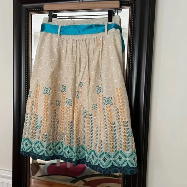 Mint Green Boho Eyelet A-Line Pleated Midi Skirt Teal Yellow Small - Image 5