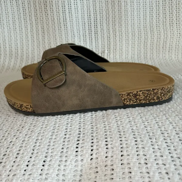 New. Women’s Cork Footbed Slide Sandals with Buckle – Taupe size 10 - Image 10