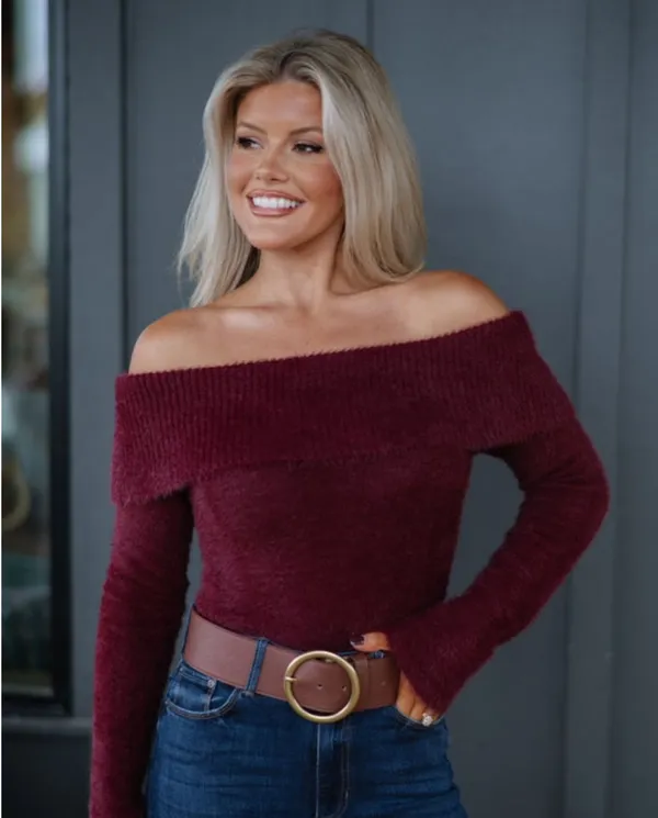 These Three Boutique Off the shoulder sweater wine - Image 2