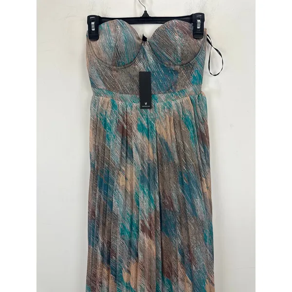 Lulus Juniva Teal Multi Abstract Print Pleated Bustier Midi Dress Cocktail S NWT - Image 7
