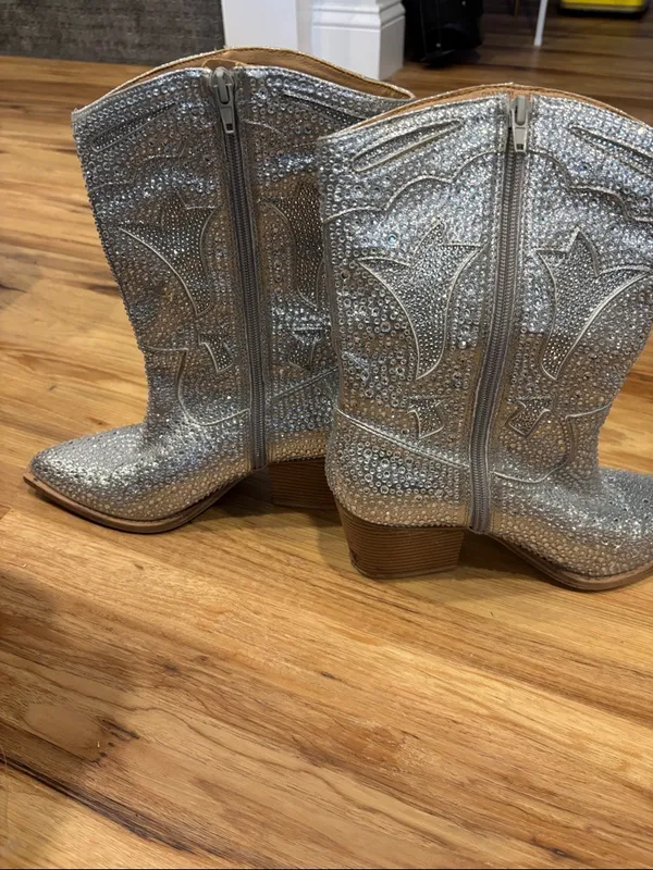 Crown Vintage Silver Rhinestone Western Heeled Boots - Image 2