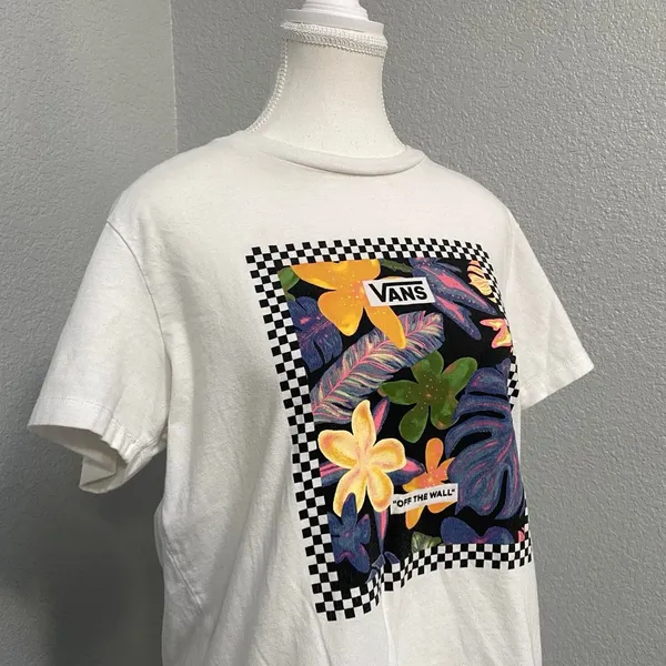 Vans White Tee Floral Leaf Checkered Graphic Print Short Sleeve Shirt - Image 2
