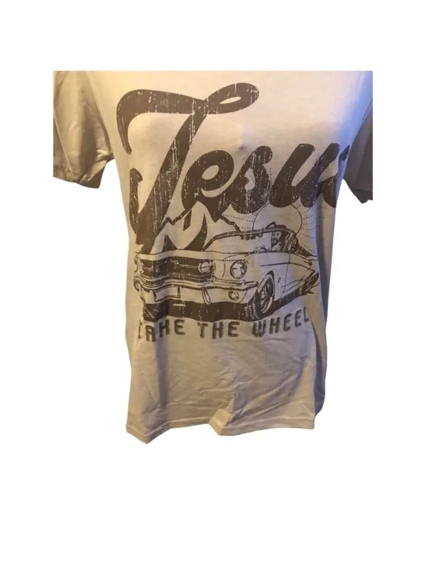 Jesus Take The Wheel T-Shirt, M, Beige Last One! - Image 2