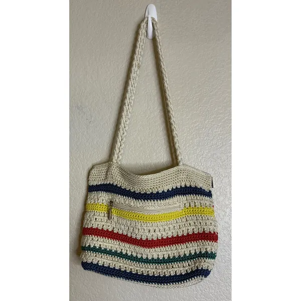 The Sak Womens Medium Shoulder Bag‎ Multi Color Striped Crochet Pom Pom Tassels - Image 3