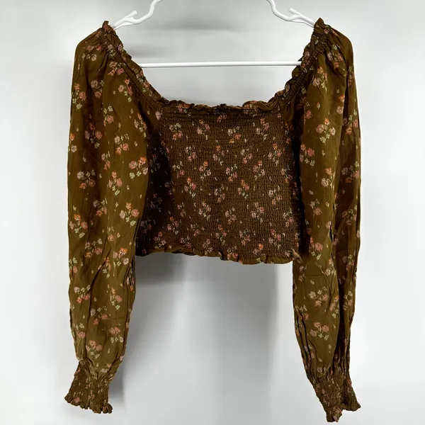 Aerie Crop Top Long Puff Sleeve Floral Print Smocked Ruffle Square Neck Brown S - Image 7