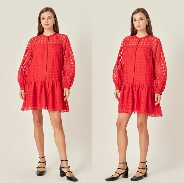 English Factory Women's Check Organza Buttoned Long Sleeves Red Mini Dress - Image 5
