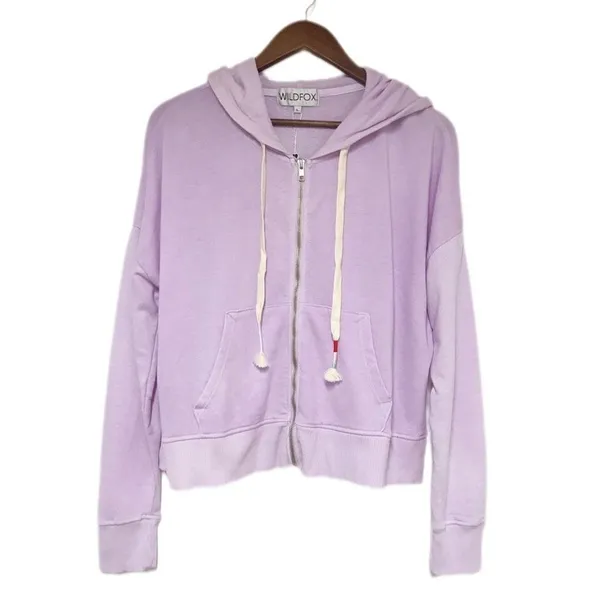 WILDFOX Hoodie Cropped Jacket‎ Large Purple Embroidered Flowers Zip Front Pastel - Image 3