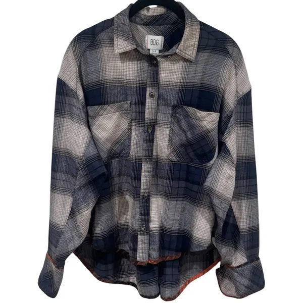 BDG Urban Outfitters Blue and Grey Plaid‎ Oversized Flannel Top Size S - Image 2