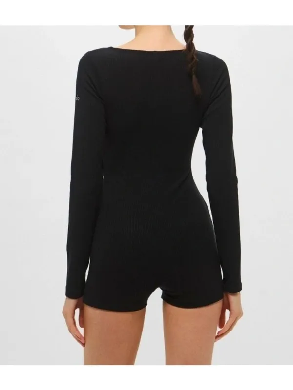 Alo Keep It Sleek Ribbed Onesie Black Zip-Up Long Sleeve Zipper Henley Romper S - Image 6