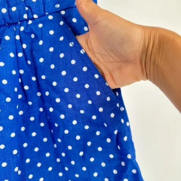 J CREW Mini Skirt Blue White Linen Polka Dot‎ Drawstring Size 8 Pull on Feminine - Image 5