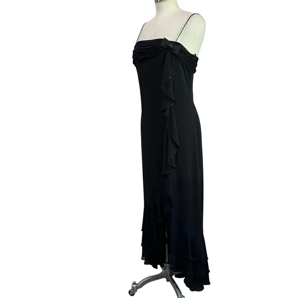 Y2k DressBarn Collection Black Ruffled‎ Bow Sequin Asymmetric Maxi Dress Sz 10 - Image 2