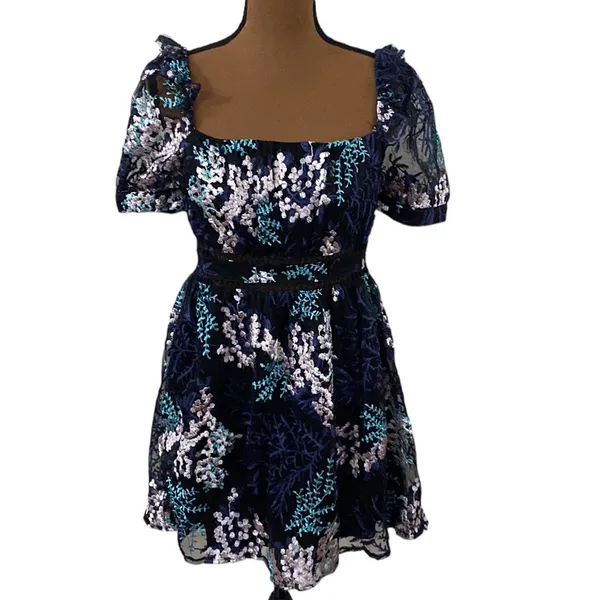 Lulus Radiant Love Black Multi Embroidered Short Sleeve Skater Floral Dress sz S - Image 2
