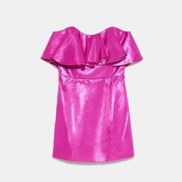 NWT Zara Metallic Pink Strapless Ruffle Mini Dress Sz Large - Image 2