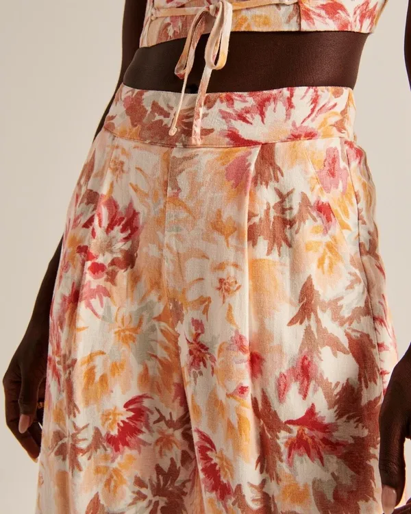 ✨Abercrombie & Fitch Linen-Blend Pull-On Wide Leg Orange Pattern Sz Small R Pant - Image 5