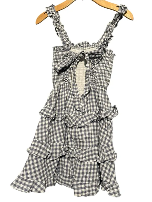 Mable Women’s Size M Blue White Gingham Smocked Tie Back Ruffle Mini Dress - Image 6