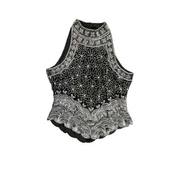 Vintage Adrianna Papell Boutique Evening Floral Silk Beaded Halter Top m Black - Image 3