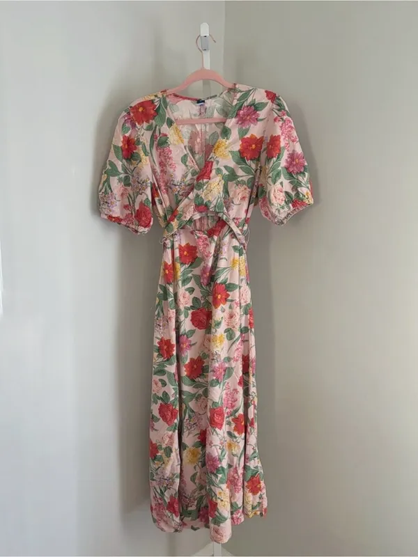 Old Navy Fit & Flare Floral Linen-Blend Twist-Front Maxi Dress Puff Sleeve Sz XL - Image 3