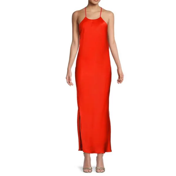 Bardot Mila High Jewel Neck Cowl Back Satin Slip Dress in Fire Red Size‎ 2 - Image 7