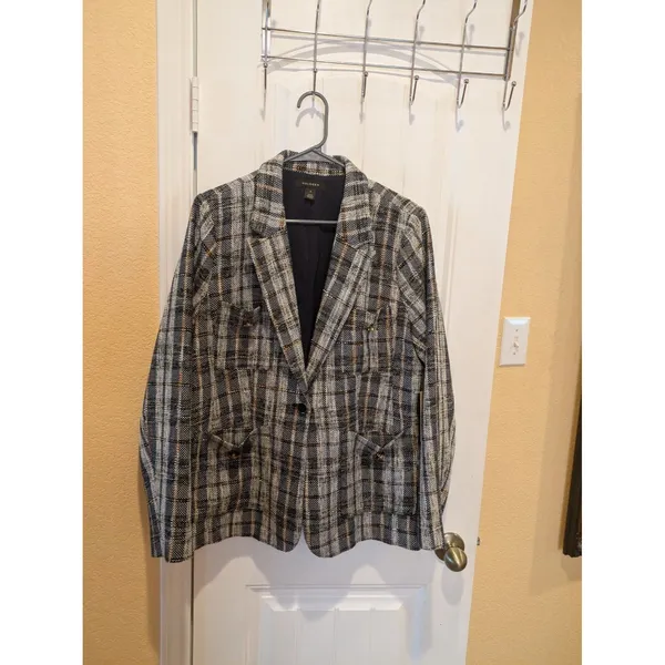 Halogen Blazer Womens XL Multicolor Plaid Tweed Single Breasted One Button - Image 3