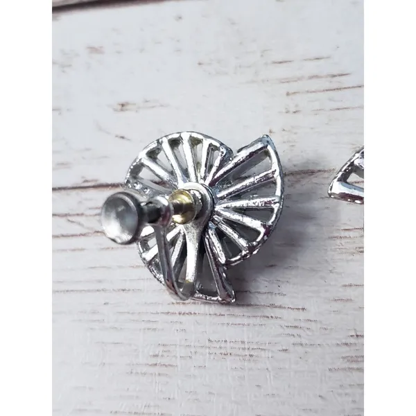 Vintage Screw On Earrings 0.75" Artsy Silver Tone with Clear Gems - Missing Gem - Image 4