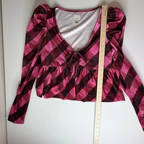 Maeve Anthropologie Pink Plaid Velvet Babydoll Top Medium‎ Coquette Academia - Image 9