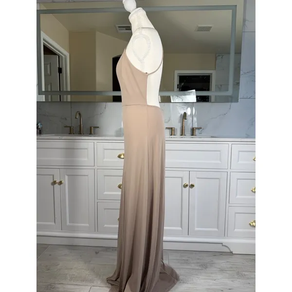 Maxi Dress Womens M Taupe Deep V-Neck Double Slit Open Back Gown - Image 7