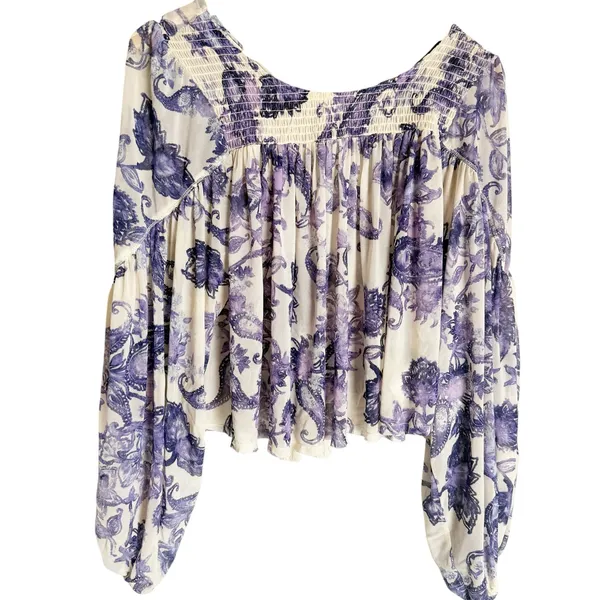 Free People Up For Anything White Blue Floral Smocked Long Sleeve Blouse - Image 4
