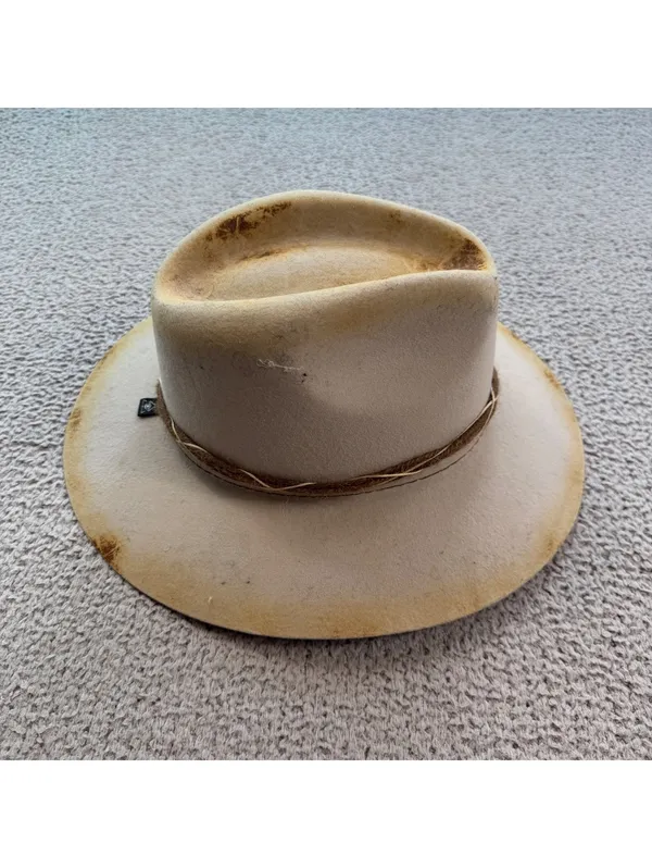 TULUMINATI Distressed Wool Felt Rancher Hat Sand Ivory Western Boho Festival M - Image 4