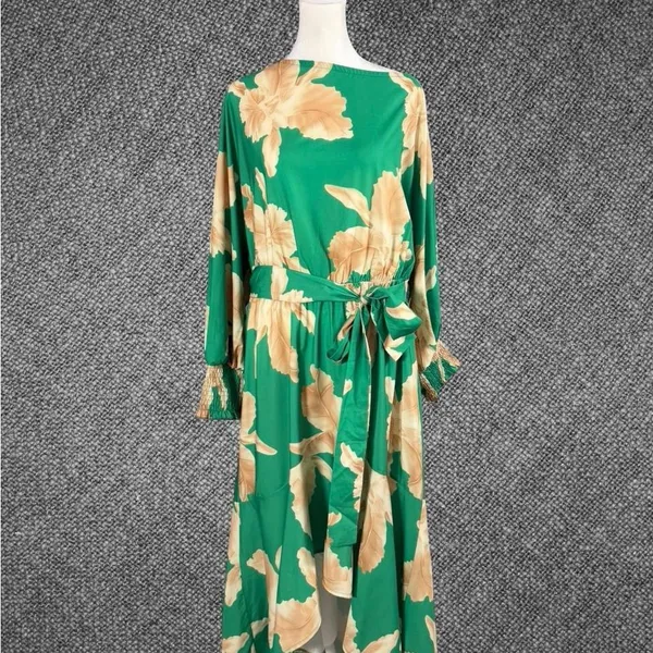 Green Floral Long Sleeve Hi Low Midi Dress With Waist Tie - Image 2