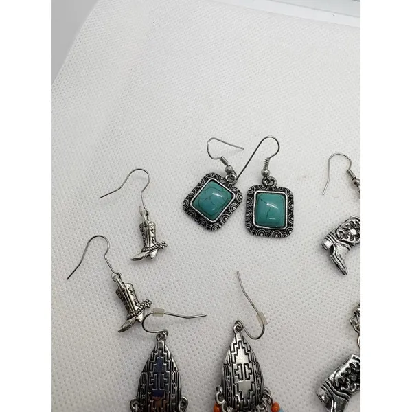 Southwest Western Earrings Lot‎ of 4 Silver Tone Turquoise Cowboy Fringe Dangle - Image 6