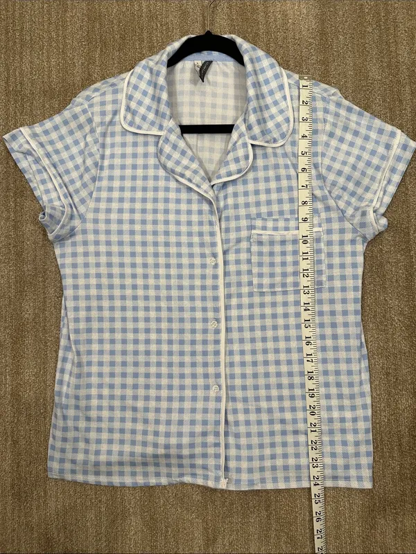 Jaclyn Intimate Blue White Gingham Plaid Stretch Pajama Sleep Shirt Large Pocket - Image 4