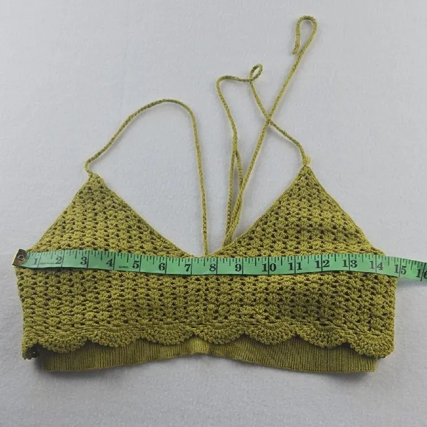Free People -363‎ Intimately Citron Tie Back Crochet Knit Crop Top Size M - Image 3