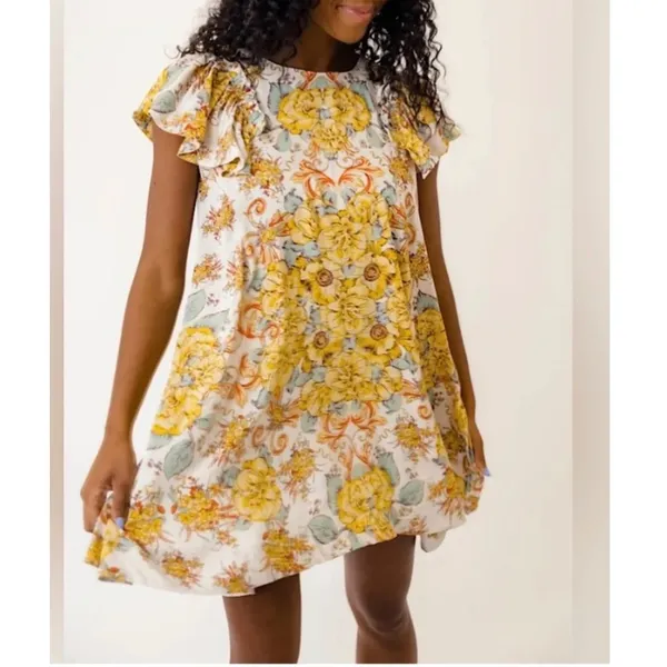 Free People Yara Floral Mini Dress Yellow Ivory Flutter Sleeve Boho - Image 9