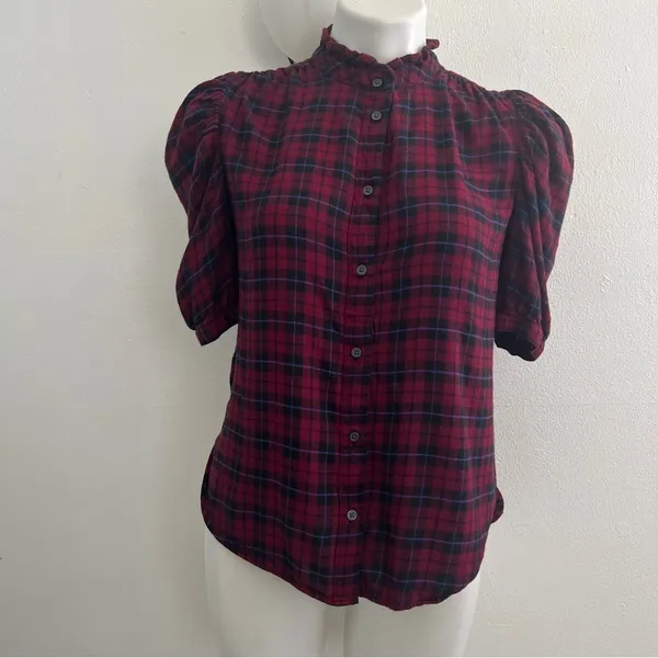 NEW Gap Women's XSMALL Red Plaid Puff Sleeve High Neck Blouse - Image 5