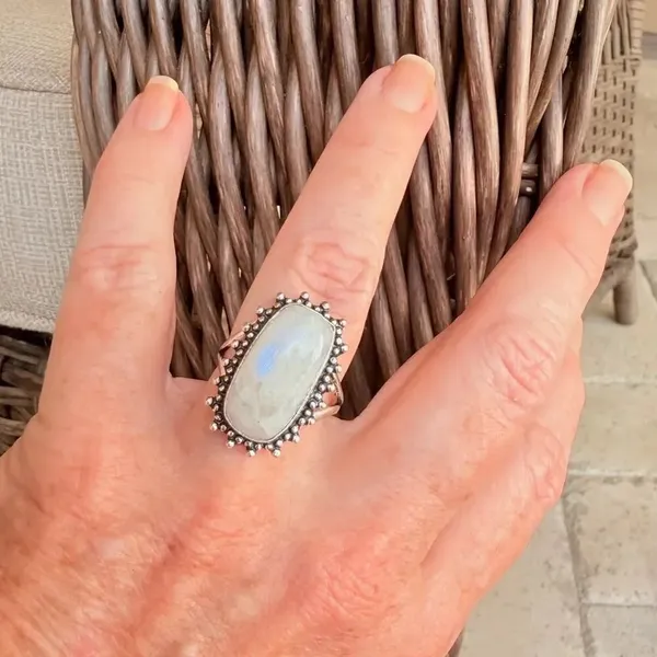 Rainbow Moonstone 925 Silver Overlay Ring Size 9 - Image 7