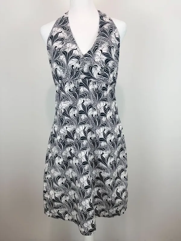 Tommy Hilfiger Women Size 12 Halter Dress Black White Floral Cotton Midi‎ - Image 2
