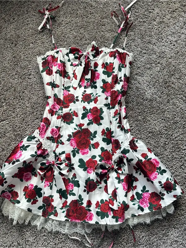 Sugar Thrillz White Floral Rose Mini Dress with Red & Pink Roses - Image 3